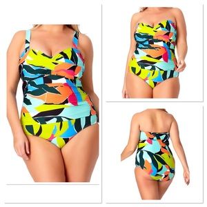 ANNE COLE PLUS Twist Front Shirred One Piece Swimsuit Polynesian Print Size 22